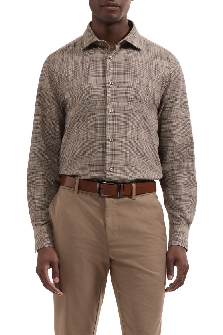Julian Plaid Cotton & Wool Button-Up Shirt, Main, color, WALNUT
