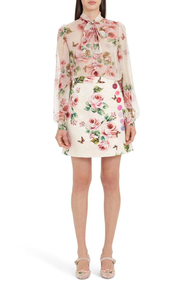Dolce&Gabbana Sheer Rose Print Silk Blouse, Alternate, color,