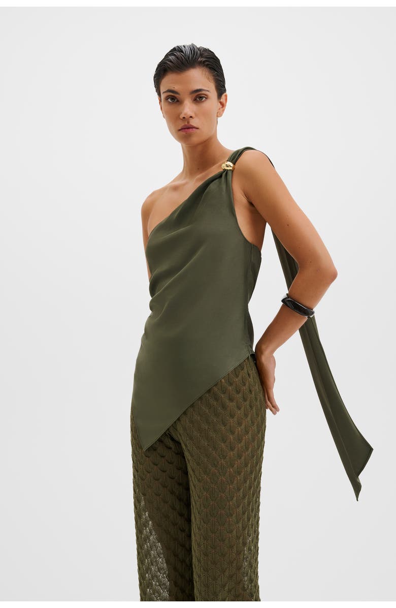 Malina Neija Brooch Detailed One Shoulder Top, Main, color, Dusty Olive