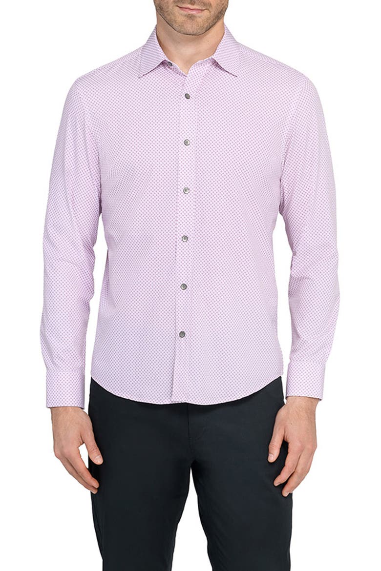 Trim Fit Abstract Cube Print Performance Button-Up Shirt, Main, color, LILAC