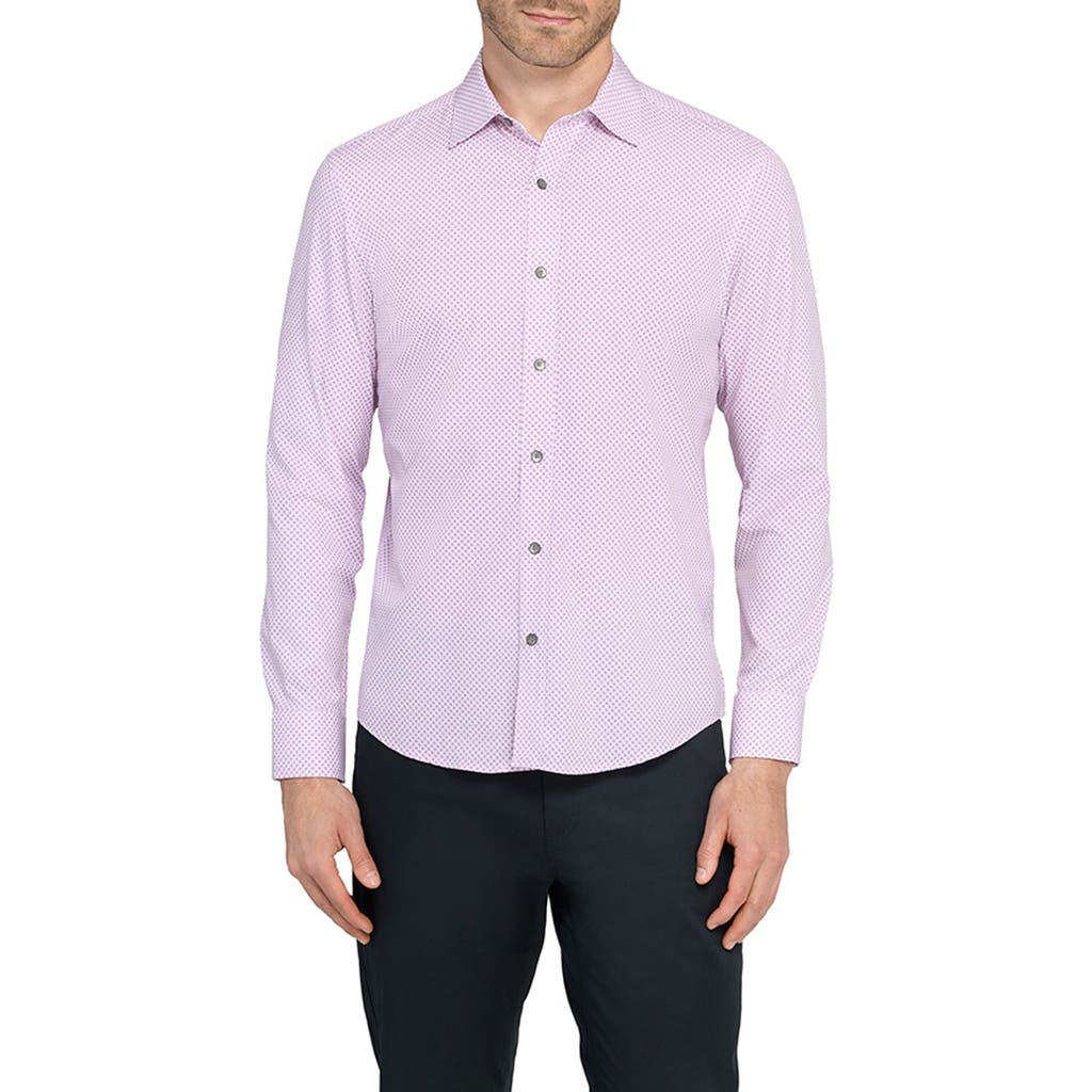 Wrk W.r.k Trim Fit Abstract Cube Print Short Sleeve Performance Button-up Shirt In Purple