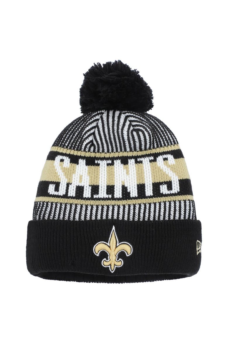 Youth New Era Black New Orleans Saints Striped  Cuffed Knit Hat with Pom, Main, color, Black