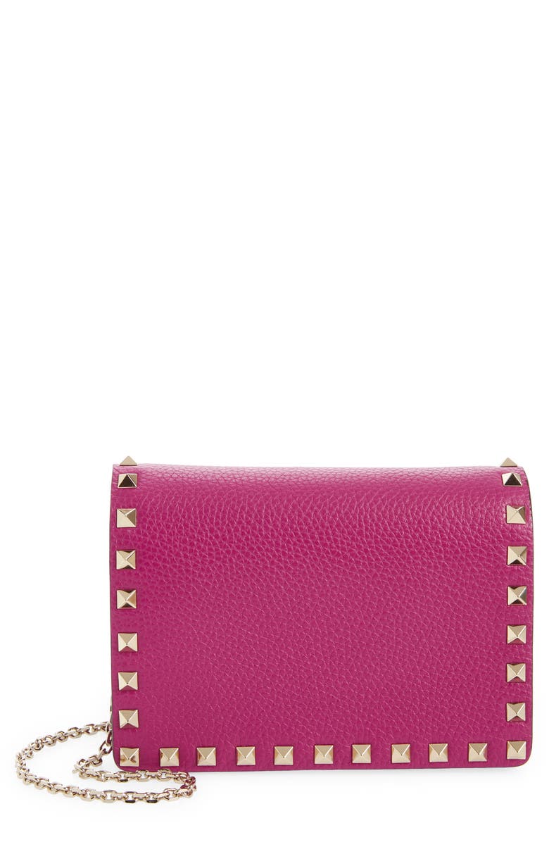Valentino Garavani Rockstud Leather Pouch Wallet on a Chain, Main, color, 