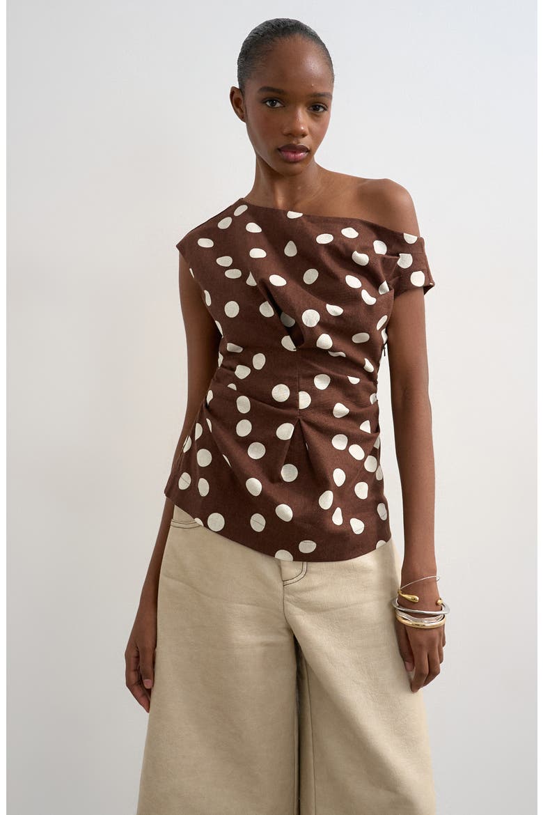 Polka Dot Print Off the Shoulder Top, Main, color, BROWN MULTI