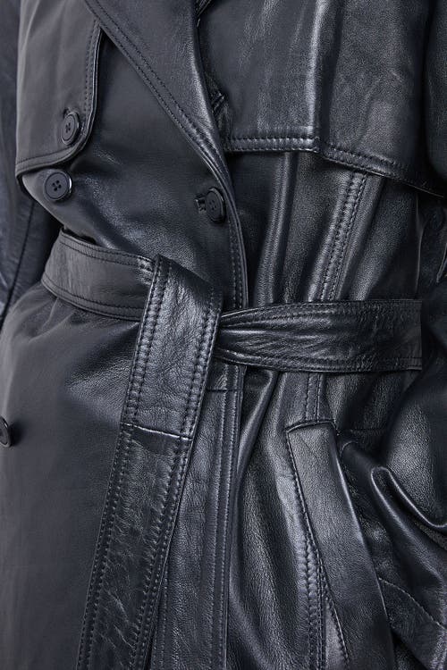 Warehouse Real Leather Belted Trench Coat In Black