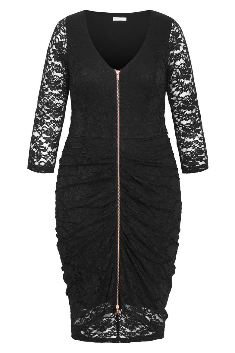 Lacey Zip Ruched Midi Dress, Main, color, BLACK