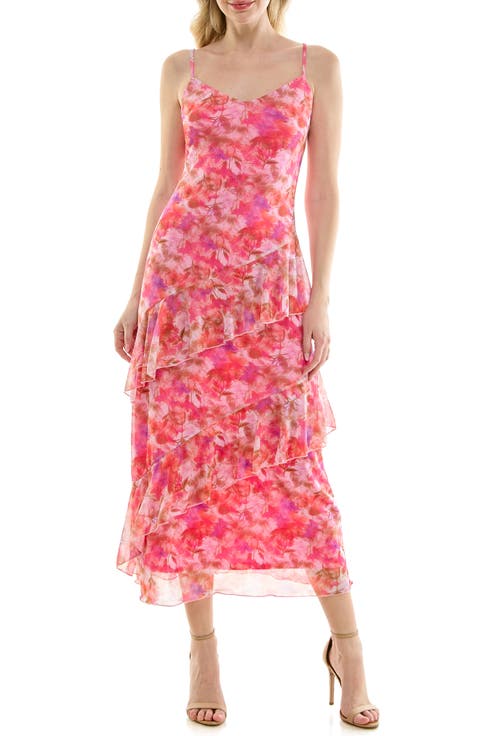 Print Mesh Ruffle Maxi Dress