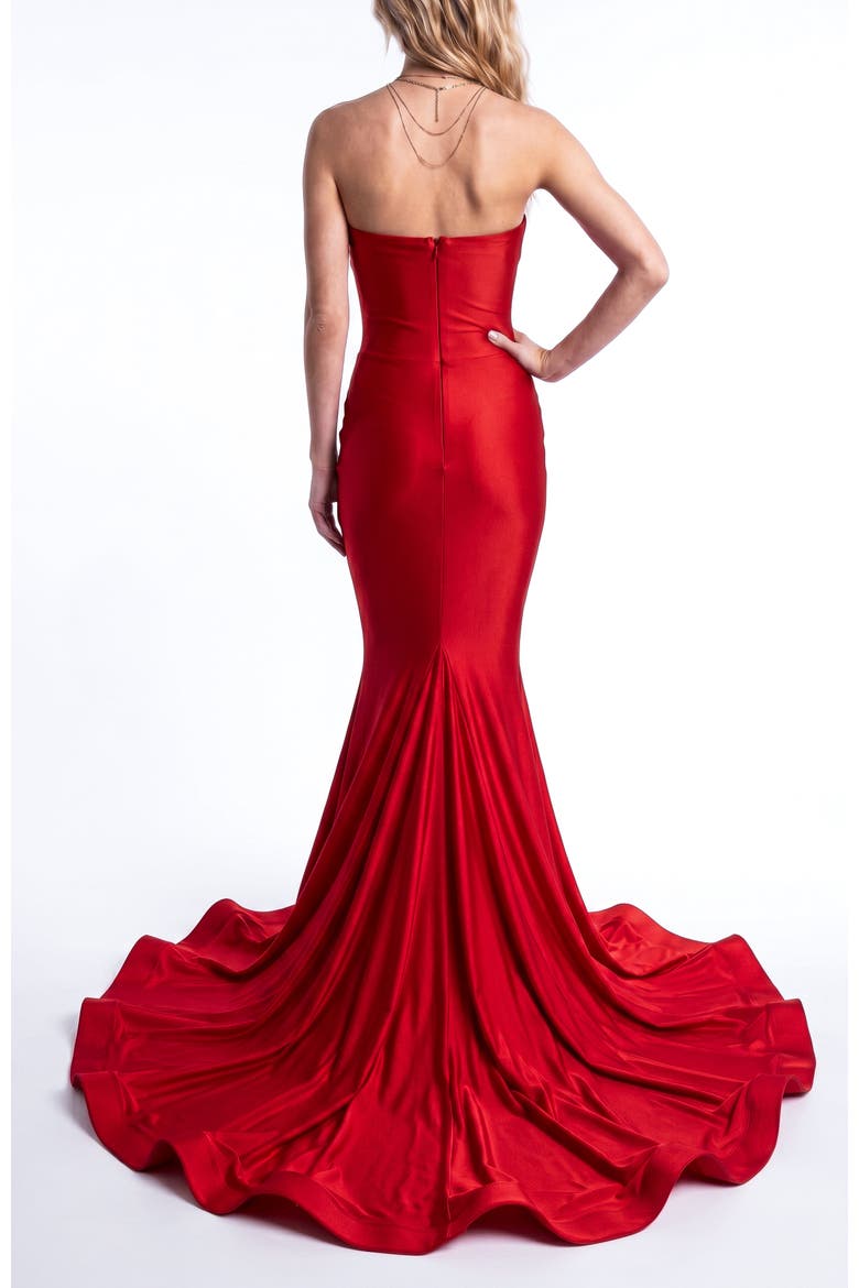 Ruched Cowl Neck Mermaid Gown With Train, Alternate, color, Red