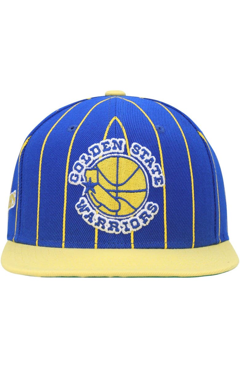 Mitchell & Ness Men's Mitchell & Ness Royal/Gold Golden State Warriors Hardwood Classics Pinstripe Snapback Hat, Alternate, color, 