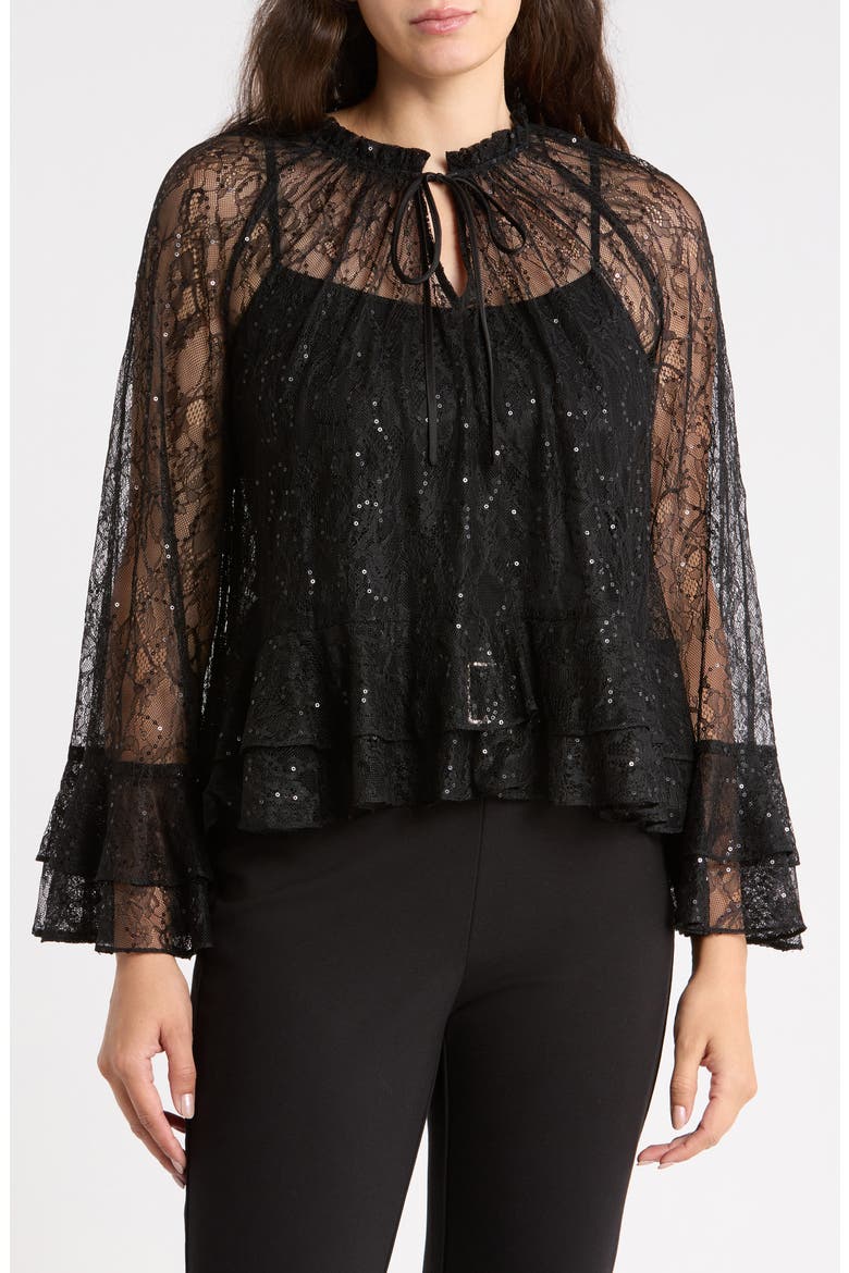 Sequin Lace Ruffle Top, Main, color, BLACK