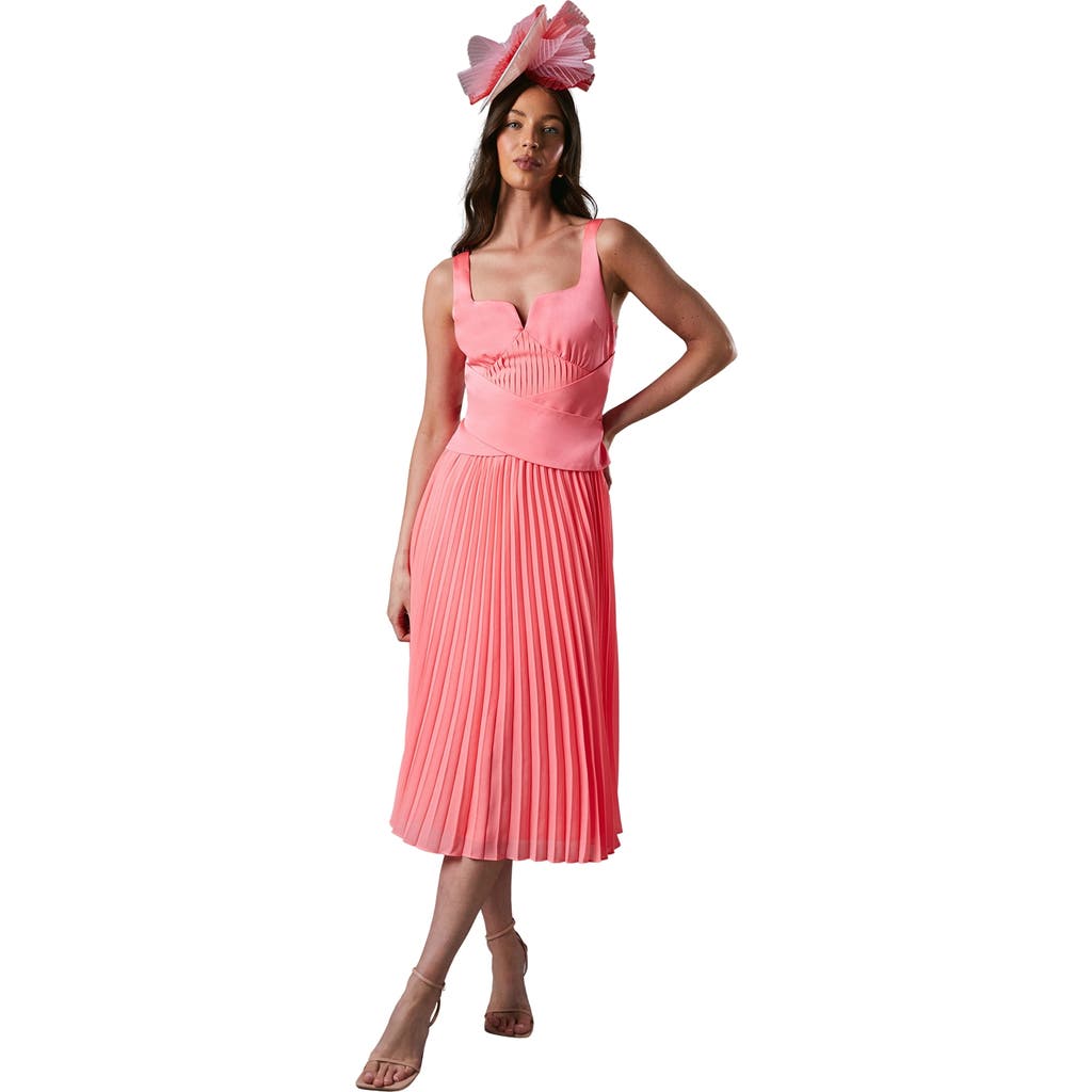 Coast Peplum Cross Detail Pleated Midi Dress In Pink
