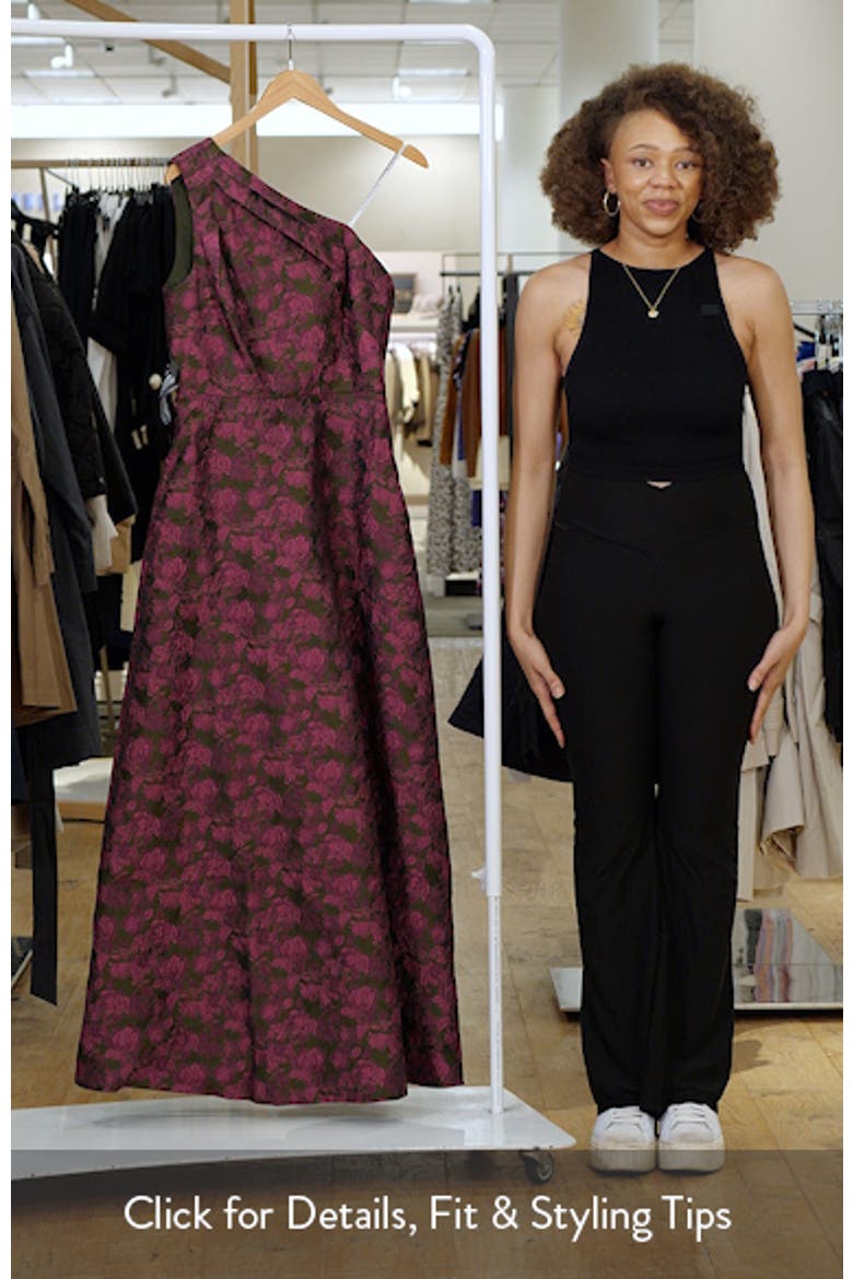 Ashley Metallic Floral Jacquard One-Shoulder Gown video
