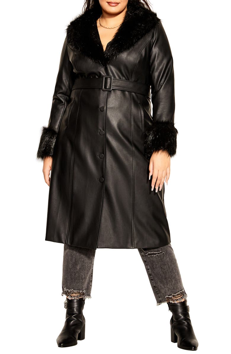 City Chic Spanish Romance Faux Leather Coat with Faux Fur Trim, Main, color, 