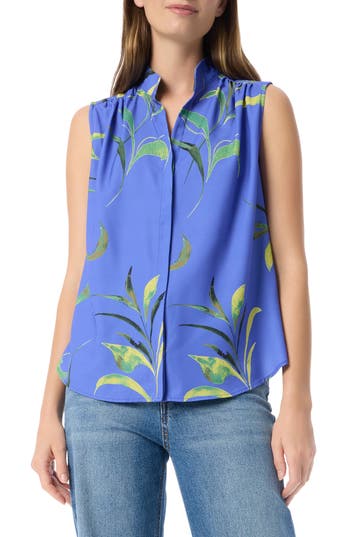 Do By Dee Ocleppo Jade Leaf Print Sleeveless Button-up Top In Blue