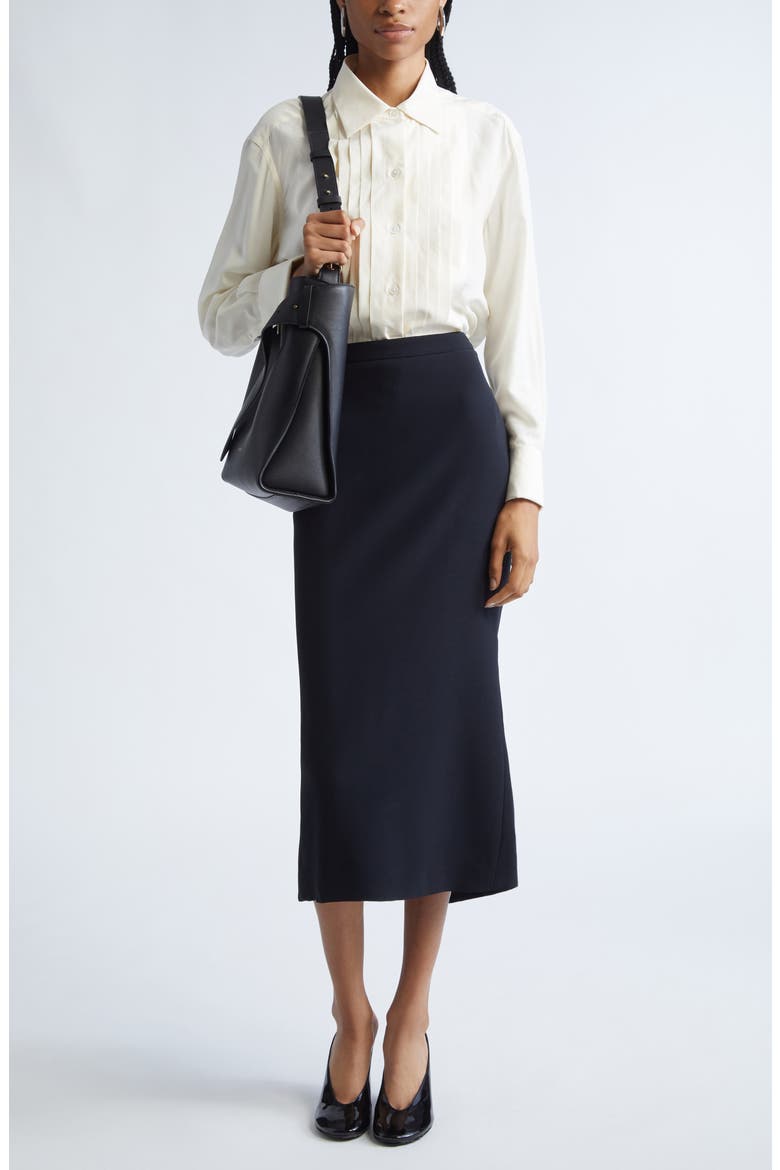 Back Godet Crepe Cady Midi Skirt, Alternate, color, BLACK