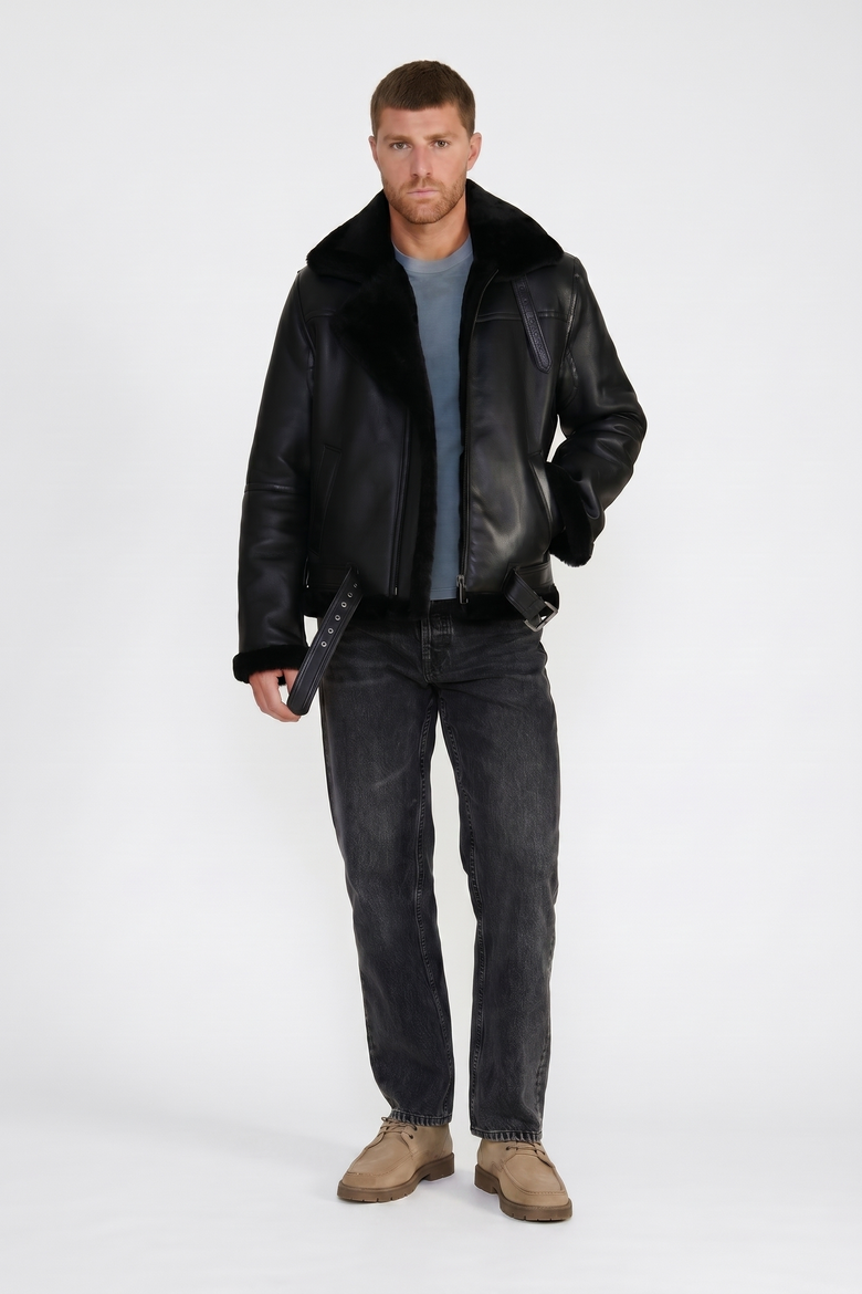 Leather Shearling Jacket, Alternate, color, Black