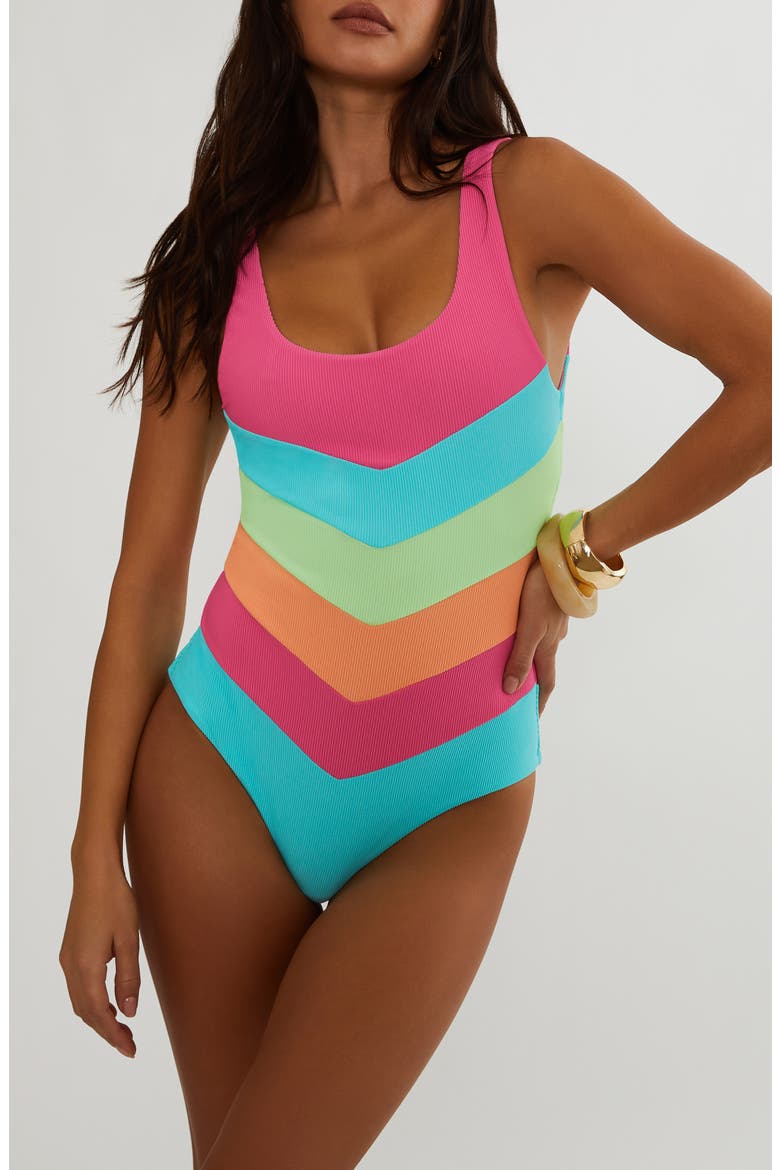 Cinthia Rib Stripe One-Piece Swimsuit, Main, color, AQUA HAZE COLORBLOCK