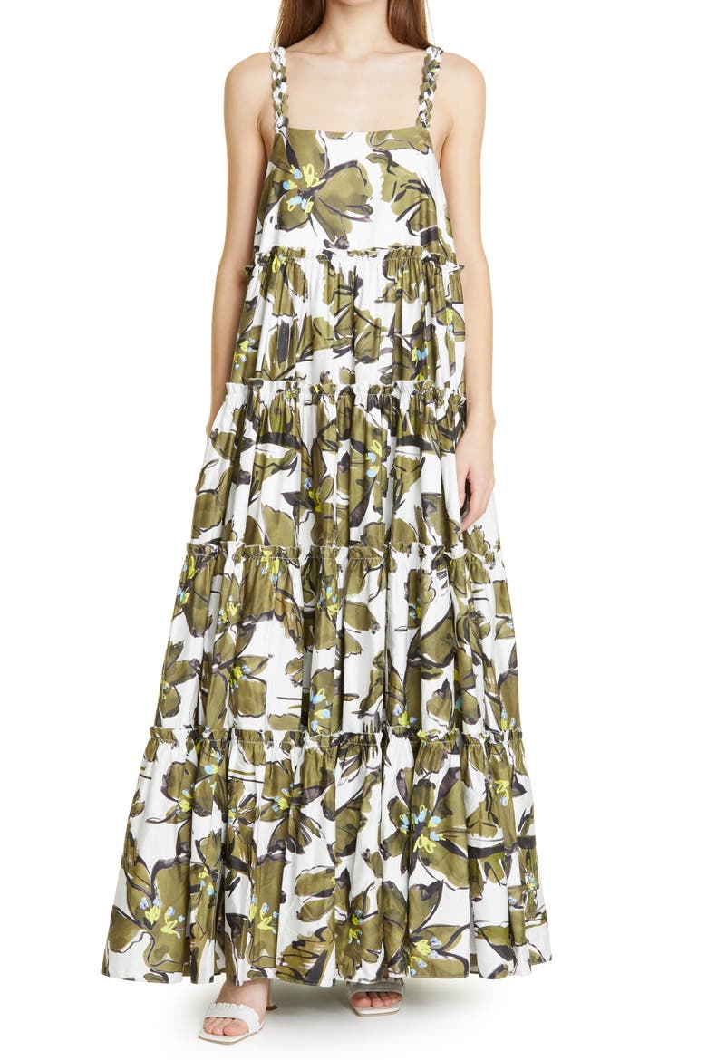 Oasis Horizon Floral Tiered Cotton Maxi Sundress, Main, color, HORIZON OLIVE FLORAL