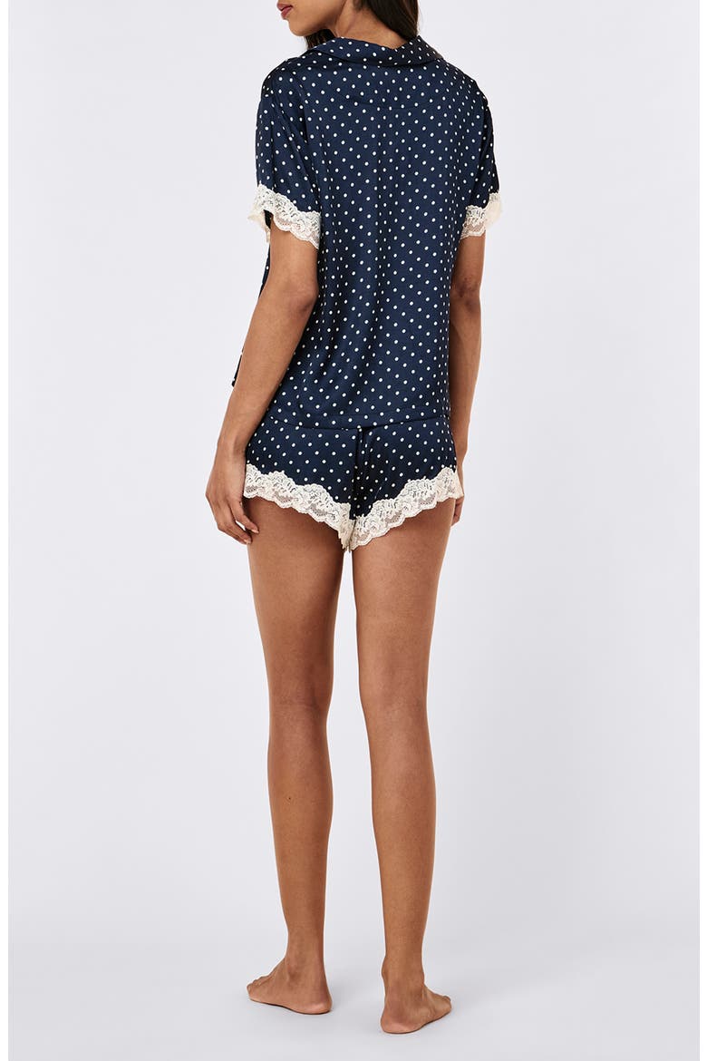 Annabelle Satin Lace Boxer Pajamas, Alternate, color, DEEP NAVY/ MINI CREAM SPOT