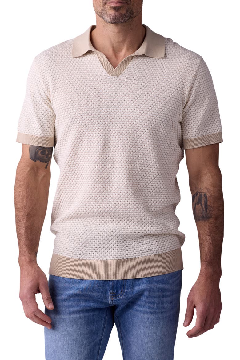 Robles Johnny Collar Textured Cotton Jacquard Polo Sweater, Main, color, IVORY/ KHAKI