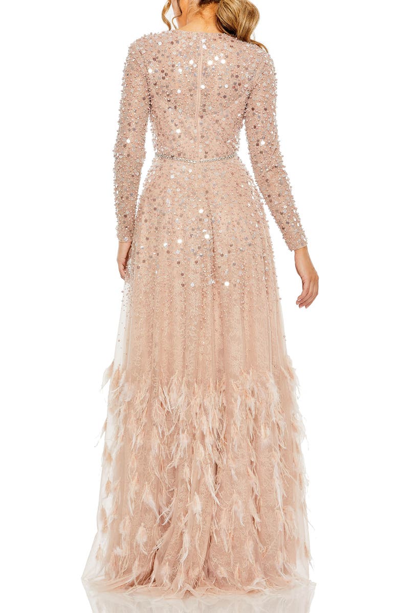 Mac Duggal Petite Disc Embellished Sequin Gown with Feather Detail, Alternate, color, Dusty Rose