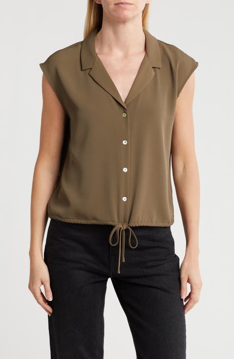 Drawstring Hem Sleeveless Button-Up Shirt