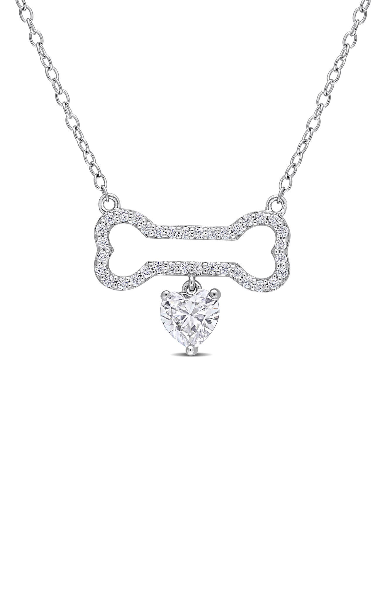 DELMAR Sterling Silver Dew Created Moissanite Bone Necklace
