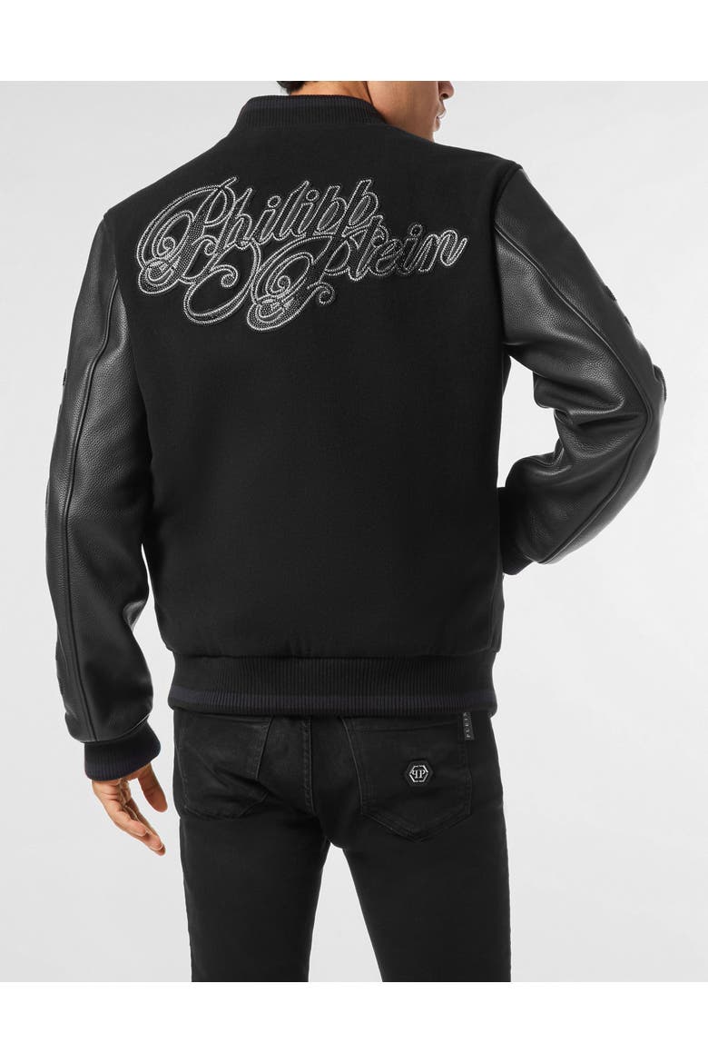Wool &Amp; Leather Varsity Bomber Jacket Patches Stones Men, Alternate, color, black
