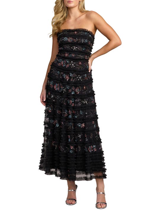 Strapless Micro Ruffle Midi Dress