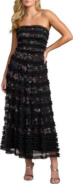 Mac Duggal Strapless Micro Ruffle Midi Dress