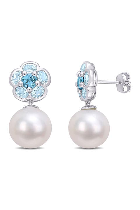 Sterling Silver 12mm Cultured Freshwater Pearl & Blue Topaz Earrings