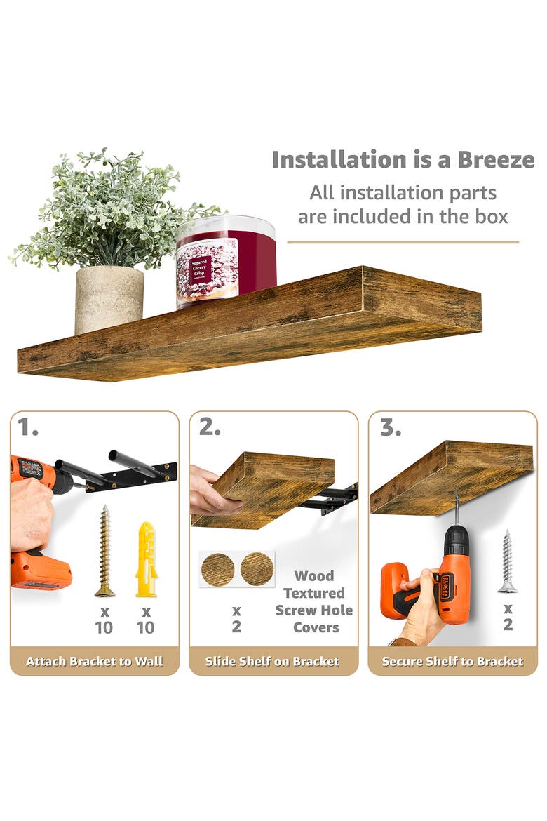 Set of 3 Floating Wall Shelves, Alternate, color, BROWN