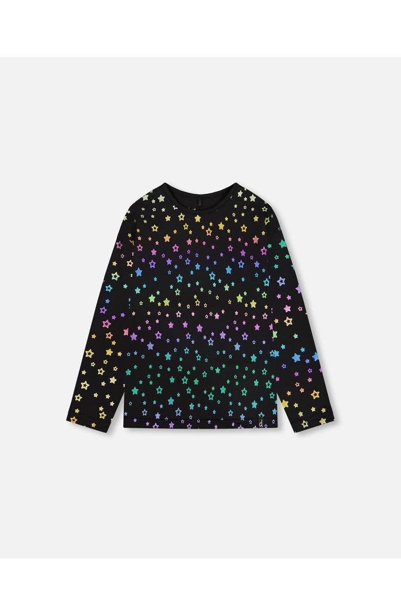 Deux par Deux Little Girl's Long Sleeve T-Shirt Foil Black Printed Stars, Main, color, 