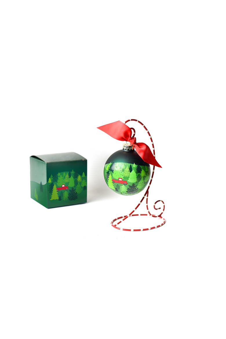Truck on a Tree Farm Glass Ornament with Red and White Stand, Main, color, Green