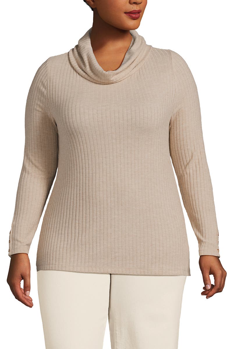 Lands' End Long Sleeve Wide Rib Turtleneck, Main, color, Soft Tan Heather