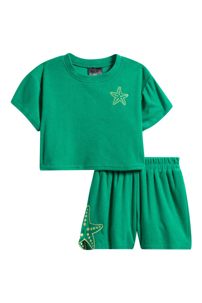 Kids' Embroidered Cotton Blend Terry Cover-Up Top & Shorts Set, Main, color, KELLY GREEN