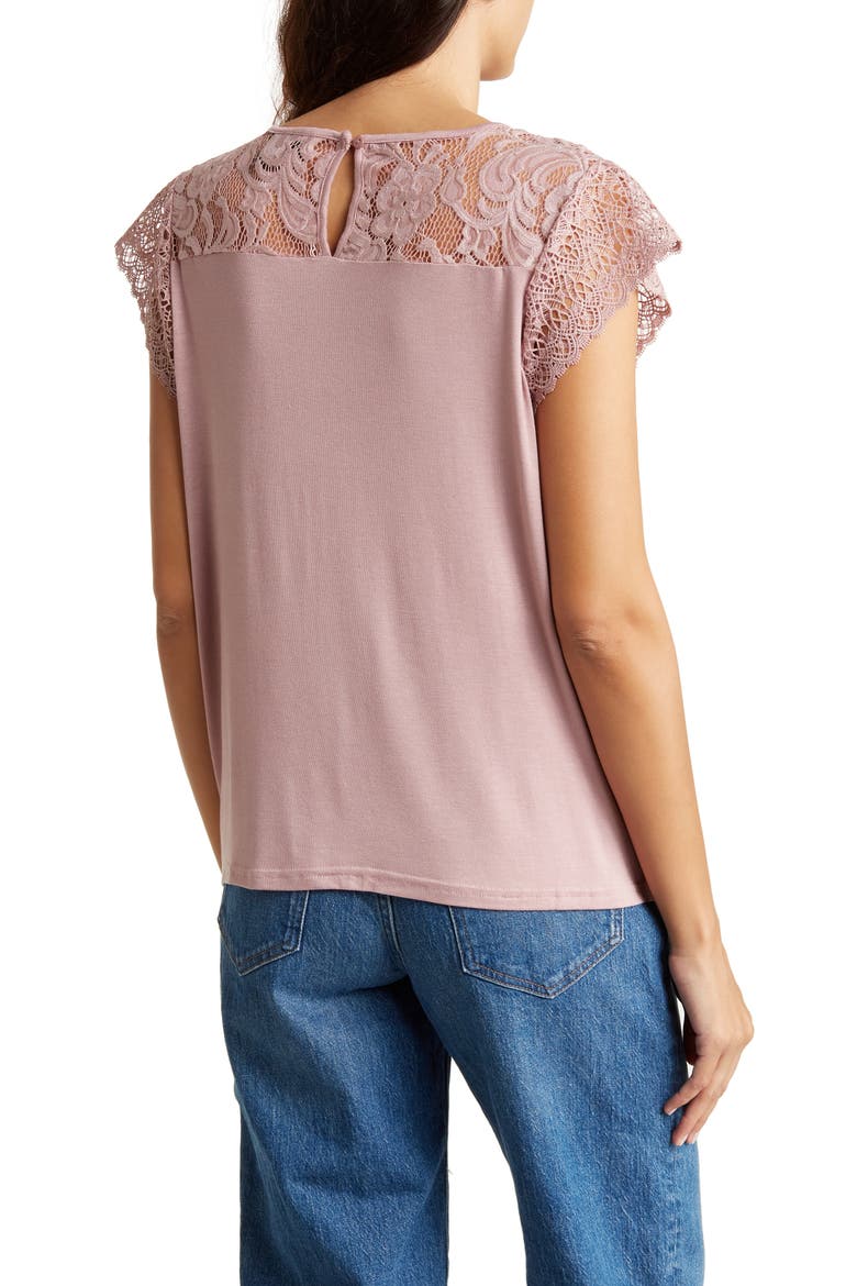 Lace Cap Sleeve Mixed Media Top, Alternate, color, MAUVE