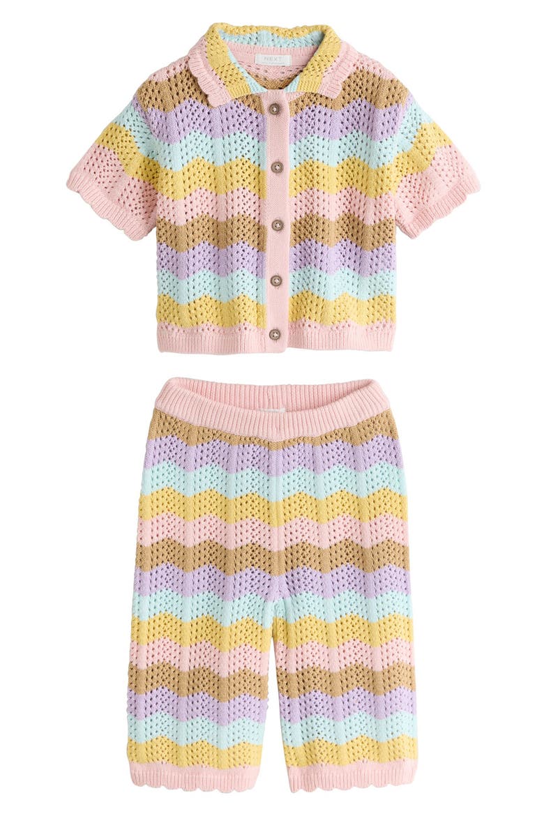 Kids' Wavy Stripe Open Knit Shirt & Pants Set, Main, color, PINK MULTI