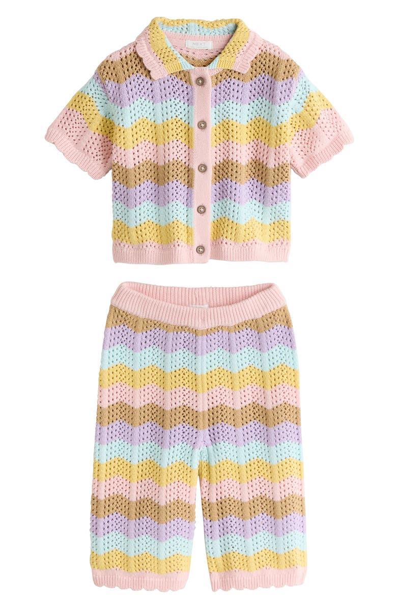NEXT Kids' Wavy Stripe Open Knit Shirt & Pants Set, Main, color, Pink Multi