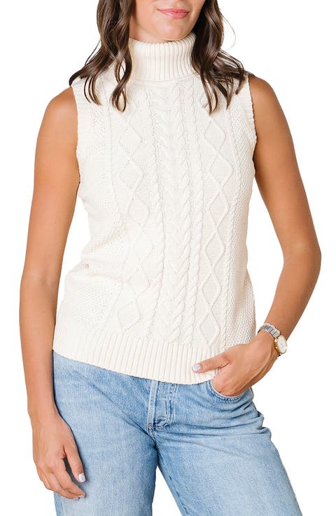 Organic Sleeveless Cable Knit Turtleneck Sweater