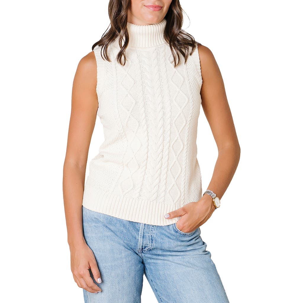 Hope & Henry Organic Sleeveless Cable Knit Turtleneck Sweater In White