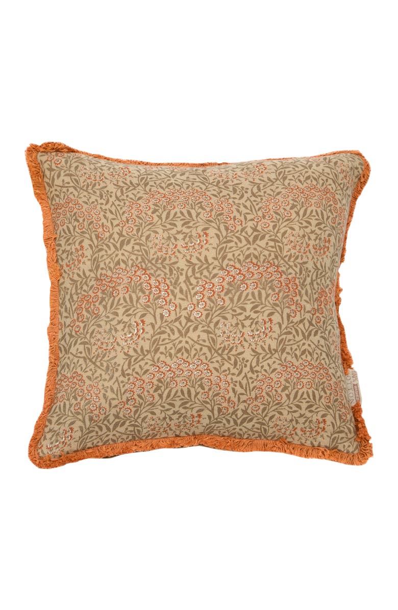 Storied Home Cotton Pillow with Metallic Printed Floral Pattern and Eyelash Fringe, Main, color, Orange