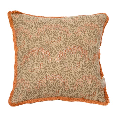 Cotton Pillow with Metallic Printed Floral Pattern and Eyelash Fringe