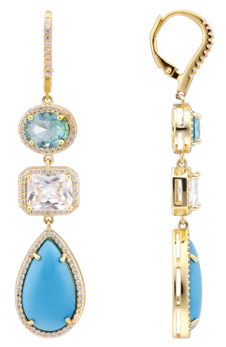 Nina Haloed Triple Drop Earrings, Alternate, color, Gold/ White Cz/ Blue