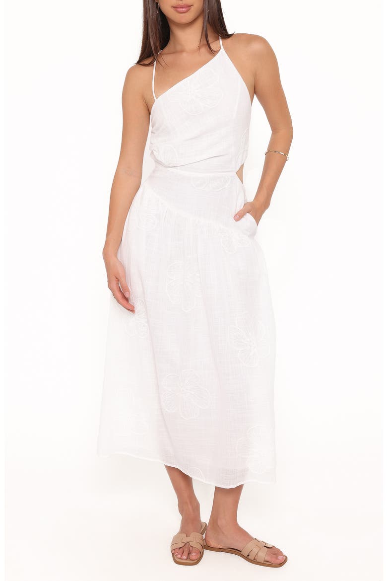Olivea Asymmetric Cutout Cotton Blend Midi Sundress, Main, color, WHITE