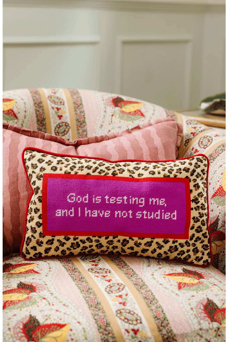 God Testing Me Needlepoint Pillow, Alternate, color, Red