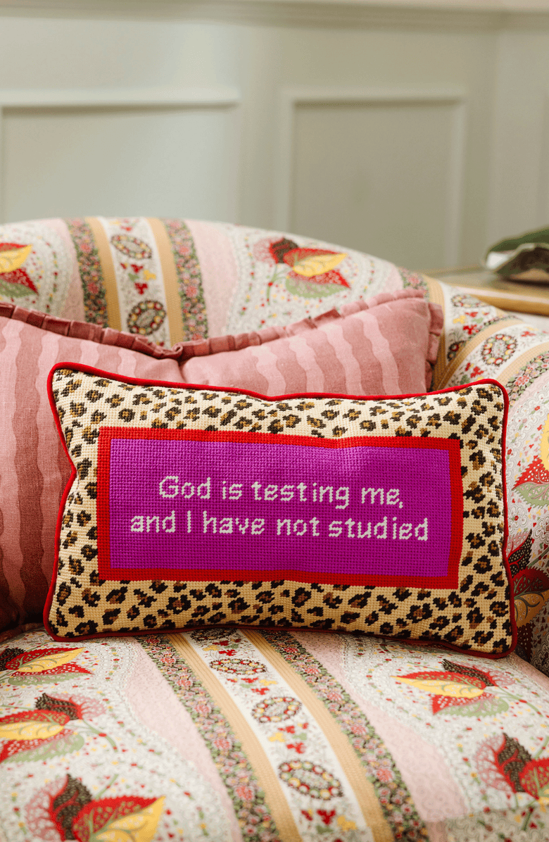Furbish God Testing Me Needlepoint Pillow, Alternate, color, Red