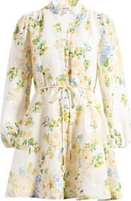 Ever New Annalise Tie Waist Long Sleeve Linen Blend Minidress