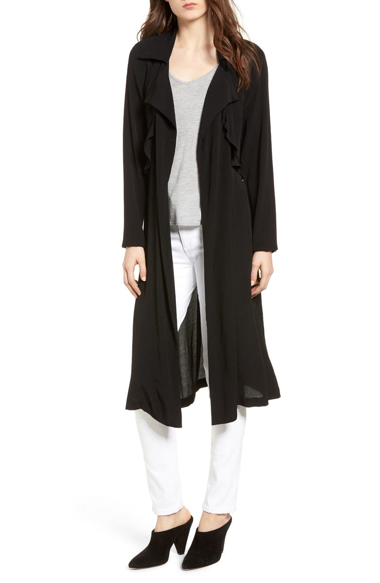 Trouvé Ruffle Drape Front Belted Duster Jacket, Main, color, 