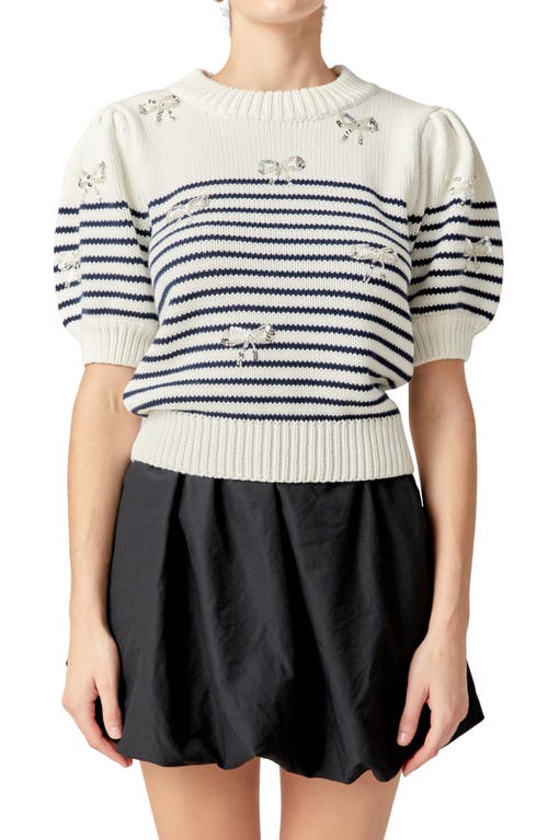 English Factory Bow Detail Short Sleeve Sweater In Off White/navy